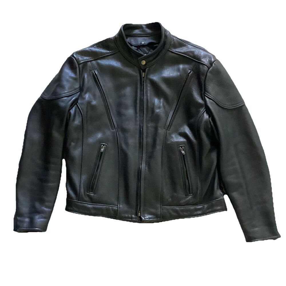 Fox Creek Leather Jacket Mens 46 Black Full Grain Vented Motorcycle Riding Liner